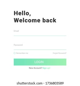 User login form menu or page interface design with light green gradient color theme. Sign up template for website, mobile, and apps development. Vector Eps 10