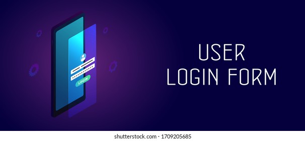 User Login Form on Mobile phone screen. Isometric smartphone with blue screen and authentication or sign up form with login and password fields. UI UX Header and footer banner template with text.