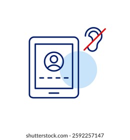User login form with password input on electronic tablet and ear crossed. User audio muted. Pixel perfect, editable stroke vector icon