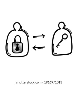 icono del vector del doodle de acceso y de intercambio de claves. Línea dibujada a mano en la ilustración del esbozo de dibujo.