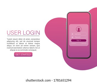 User login smartphone for site design. Mockup application page user interface. Phone, mobile, smartphone, mockup. Device screen. Business icon.