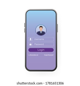 Benutzer anmelden Smartphone für Website-Design. Mocken Sie die Benutzeroberfläche der Anwendungsseite an. Telefon, Handy, Smartphone, Mock-up. Gerätebildschirm. Business Icon.