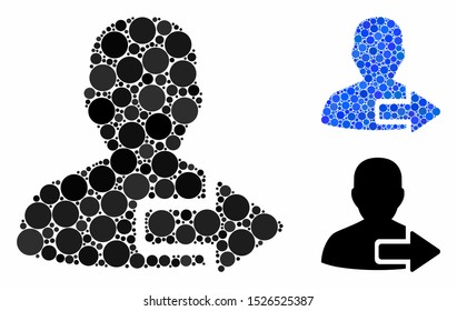 User logout arrow mosaic for user logout arrow icon of circle elements in variable sizes and color tinges. Vector circle elements are composed into blue composition.