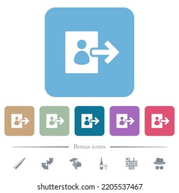 User logout solid white flat icons on color rounded square backgrounds. 6 bonus icons included