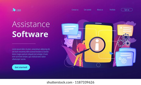 User looking for information in tablet with magnifier. Electronic goods technical assistance guide, manual for computer hardware and software concept, violet palette. Website landing web page.