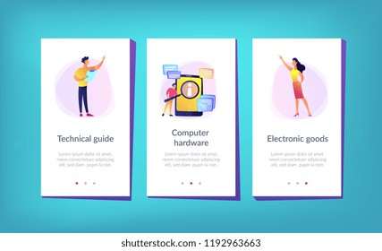 Usuario que busca información en tablet con amplificador. Guía de asistencia técnica en materia de productos electrónicos, manual para el concepto de equipo informático y software, paleta violeta. Plantilla de interfaz de aplicación.