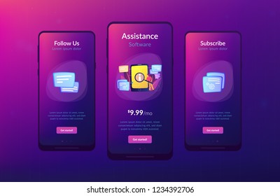 User looking for information in tablet with magnifier. Electronic goods technical assistance guide, manual for computer hardware and software concept, violet palette. App interface template.