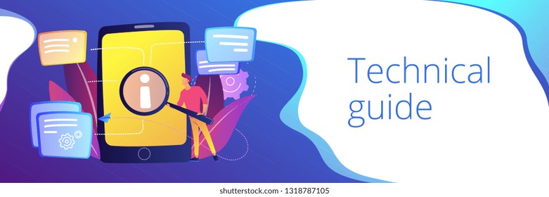 User looking for information in tablet with magnifier. Electronic goods technical assistance guide, manual for computer hardware and software concept, violet palette. Header or footer banner.