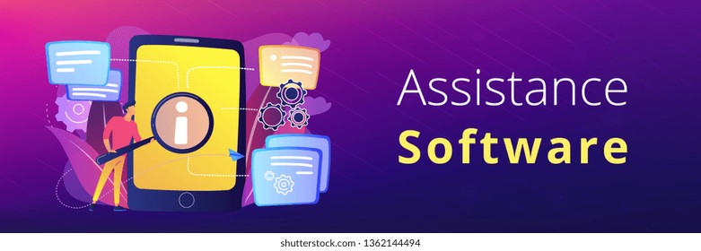 Usuario que busca información en tablet con amplificador. Guía de asistencia técnica en materia de productos electrónicos, manual para el concepto de equipo informático y software, paleta violeta. Banner de encabezado o pie de página.