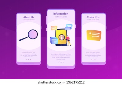 User looking for information in tablet with magnifier. Electronic goods technical assistance guide, manual for computer hardware and software concept, violet palette. App interface template.