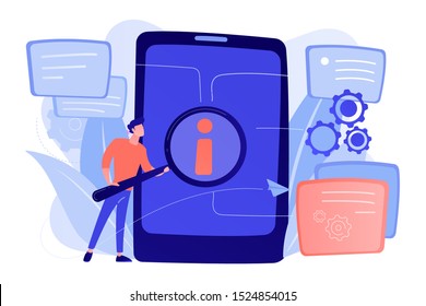 User looking for information in tablet with magnifier. Electronic goods technical assistance guide, manual for computer hardware and software concept, violet palette. Vector isolated illustration.