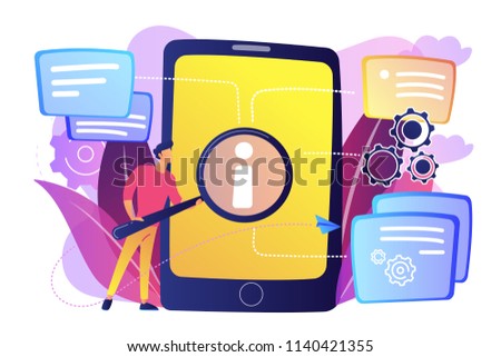 User looking for information in tablet with magnifier. Electronic goods technical assistance guide, manual for computer hardware and software concept, violet palette. Vector isolated illustration.