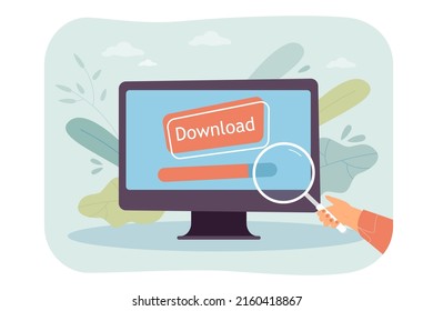 User looking through magnifying glass at file downloads. Hand holding magnifier to control PC program flat vector illustration. Optimization concept for banner, website design or landing web page