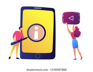 User with magnifier looking at user guide on tablet and video vector illustration.