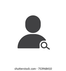 User and magnifying glass icon vector, filled flat sign, solid pictogram isolated on white. Account search symbol, logo illustration.