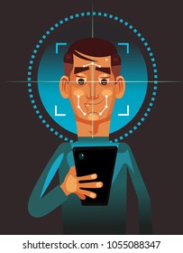 User man character holding smart phone and scanning face. Biometric facial data authorization identification protection technology unlock concept. Vector flat cartoon illustration