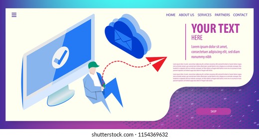 User man character sitting and send mail in cloud storage. Computer connect. Data connection isometric technology. Digital vector illustration. Site page template.