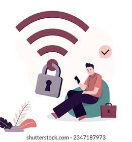 User man connect to wifi, network with padlock, good encryption. Wifi encryption, wireless security or safety for internet connection, network protection or mobile access. Businessman uses smartphone.