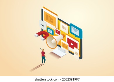 User man found advertisements, various marketing on the website. full screen computer. Digital marketing concept, advertising campaign. isometric vector illustration.