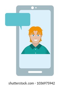 user man inside smartphone with chat bubble