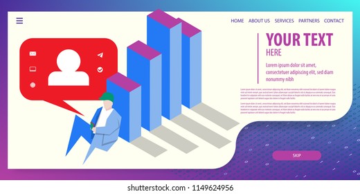 User man sitting near diagram, talking on phone. Chat speech bubble. Data connection isometric technology. Digital vector illustration. Site page template.
