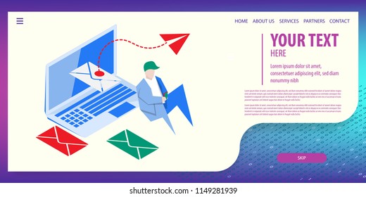 User man sitting and send mail. Laptop connect. Data connection isometric technology. Digital vector illustration. Site page template.
