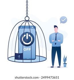 User man turn off smartphone and locked into birdcage. Off button on cell phone screen. Digital detox. No using mobile phone, smart gadget. Freedom from internet, smartphones and social media. vector