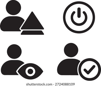 Conjunto de iconos de gestión de usuarios y control de Cuenta con símbolos de Inicio de sesión, potencia, visibilidad y verificación en un estilo de Vector negro mínimo.