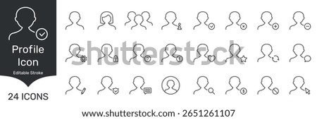 User Management, Account Settings, And Interaction Outline Symbol Collection. Profile And User Interface Line Icon Set. Editable Stroke. Isolated Vector Illustration.