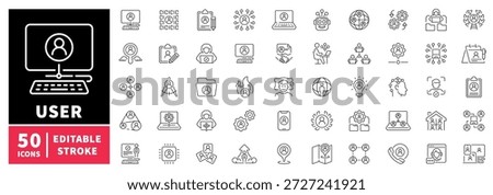 User management editable line icons set: profile and account symbols in outline style