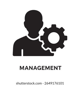 User management icon with a person a gear and the word management representing system administration role assignment and profile settings vector solid glyph icon