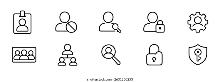 User management icon set - outline, profile, search, and security symbols