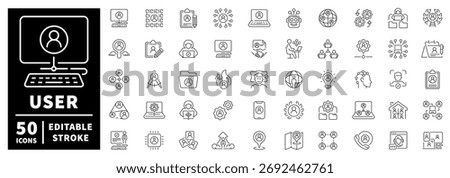 User management icons set: editable line icons, outline, admin and profile tools