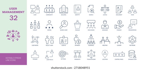 Benutzerverwaltungs-Liniensymbole Set von 32 bearbeitbaren Strichsymbolen für Team-, Identity-, Such- und Netzwerk-UI-Design.