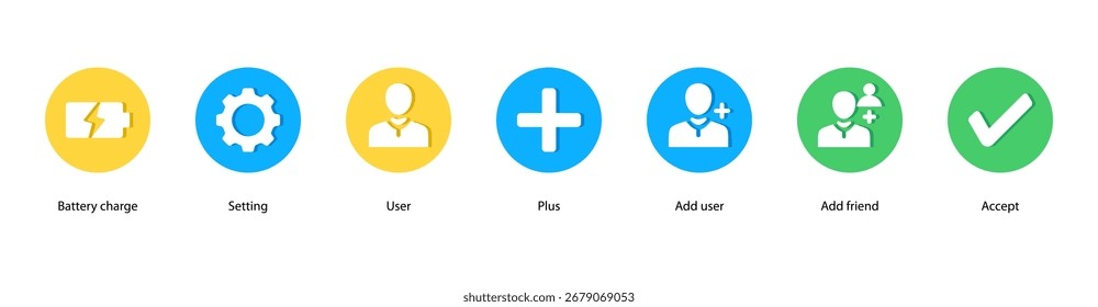 Ilustração de vetor de banner da Web do Gerenciamento de usuários com carga da bateria, Configuração, Usuário, Mais, Adicionar usuário, Adicionar amigo e Aceitar para perfis e conexões.