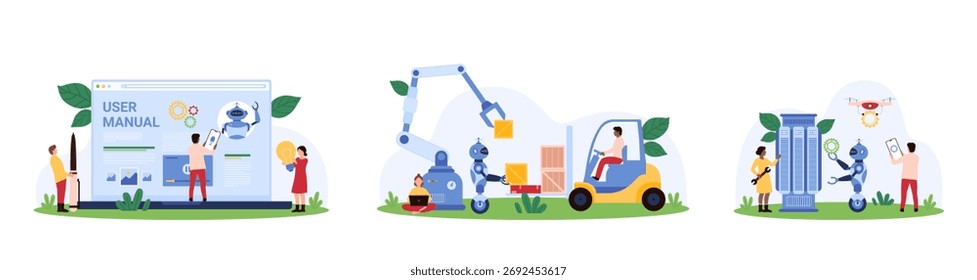 Manual do utilizador, automatização da entrega e gestão de dados utilizando o conjunto de IA. Minúsculas pessoas, robôs e drone equipe reparação servidor, carregar caixas no armazém, falar com chat bot desenho animado vetor ilustração