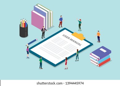 user manual book concept with people and some guide on the clipboard with modern style flat and isometric or isometry 3d - vector illustration