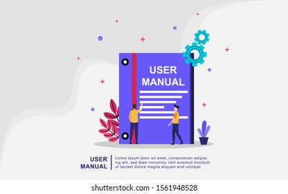 User Manual Book Concept With People. Guide, Operating Instructions, Requirements And Specifications Document. Can Use For, Landing Page, Template, Ui, Web, Mobile App, Banner