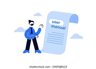 User manual, manual book instruction or handbook help guide. Requirements specifications document. User manual concept. Vector small woman with guide instruction or textbook flat illustration