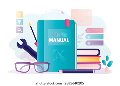User manual book or textbook for find answers. Concept of user guide, Q and A. FAQ and instructions, professional guide. Giant book and various tools. flat vector illustration