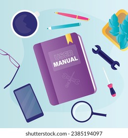 User manual book or textbook for find answers. Concept of user guide, Q and A. FAQ and instructions, professional guide. Book and various tools on desk. Top view. flat vector illustration