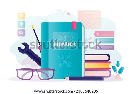 User manual book or textbook for find answers. Concept of user guide, Q and A. FAQ and instructions, professional guide. Giant book and various tools. flat vector illustration