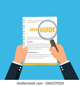 User manual. Close-up businessman hands holding user guide and magnifying glass. Reading and searching information in instruction. Vector illustration in flat style.