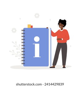 User manual concept. African female character with huge guidebook. Woman search information and reading instruction. FAQ or customer support. Vector illustration in flat cartoon style.