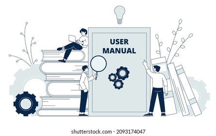 User Manual Concept. Business Guidebooks, Instruction Workbook. Plan Or Project, People Looking At Documentation. Management Reference Recent Vector Concept