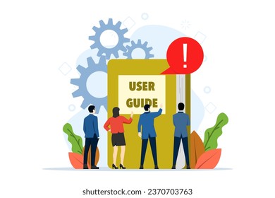 User manual concept, character of person holding magnifying glass to read instruction manual book, user tutorial document specifications, terms and conditions. flat vector illustration.