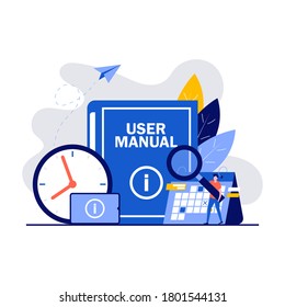 User manual concept with characters. Requirements specifications document. People reading book instructions and discussing content of the guide book. Modern vector illustration in flat style.