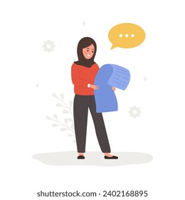 User manual concept. Female character with guide instruction. Muslim woman reading user agreement, terms and conditions. FAQ or customer support. Vector illustration in flat cartoon style.