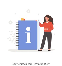 User manual concept. Female character with huge guidebook. Woman search information and reading instruction. FAQ or customer support. Vector illustration in flat cartoon style.