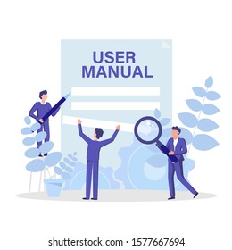User manual concept flat illustration. People working, discussing and create guide book, instruction. 